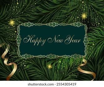 New Year text in a frame.Vector illustration with a beautiful frame and New Year text on a background of Christmas tree branches with golden decor.