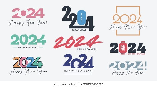 Diseños del logotipo de texto de Año Nuevo. El 2024 tiene diferentes estilos de tipografía. Logotipos simples para diarios, cuadernos, calendarios.