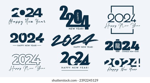 New Year text logo designs. 2024 numbers different typography styles. Black and white simple logo for diaries, notebooks, calendars.