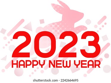 “HAPPY NEW YEAR 2023” text and a running rabbit silhouette with various shape icons