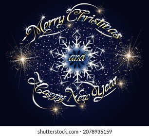New Year text with sparklers and snowflakes