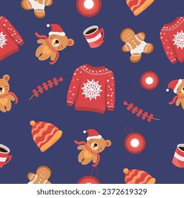 New Year texture with different objects on blue background