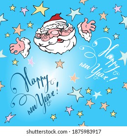 New Year texture Happy New Year. Seamless graphic vector drawing. Santa Claus throws stars. Christmas, illustration on a blue background. Printing on fabric, packaging, wallpaper.