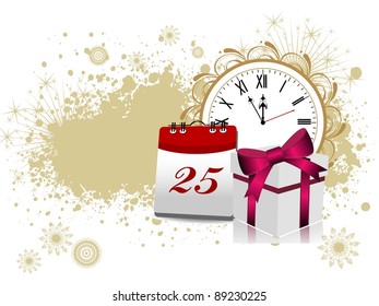 New year theme or background with clock, gifts and calender in grungy background ,vector illustration.