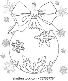 New year theme black and white poster with decorations, ribbon and snowflakes. Coloring book page for adults and kids. Flat vector illustration for gift card, flyer, certificate or banner.