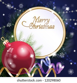 New Year Theme. Card with red sphere, serpentine, confetti on dark background. Taken frame for text. Grouped for easy editing. Perfect for invitations or announcements. In gallery also other NY Cards.