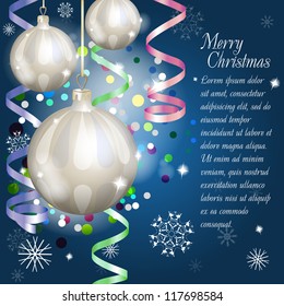 New Year Theme. Card with New Year's spheres, serpentine and confetti on blue Background. Grouped for easy editing. Perfect for invitations or announcements.