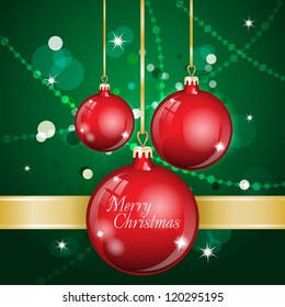 New Year Theme. Card with New Year's red spheres, gold ribbon and confetti on green Background. Grouped for easy editing. Perfect for invitations or announcements.