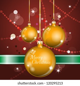 New Year Theme. Card with New Year's orange spheres, green ribbon and confetti on red Background. Grouped for easy editing. Perfect for invitations or announcements.