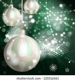 New Year Theme. Card with New Year's spheres, serpentine and confetti on green Background. Grouped for easy editing. Perfect for invitations or announcements.