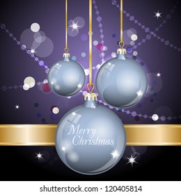 New Year Theme. Card with New Year's blue spheres,  confetti and gold ribbon on purple Background. Grouped for easy editing. Perfect for invitations or announcements.