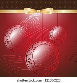 New Year Theme. Card with New Year's spheres, gold ribbon and gold bow on red Background. Grouped for easy editing. Perfect for invitations or announcements.