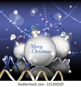 New Year Theme. Card with New Year's spheres, serpentine and confetti on blue Background. Grouped for easy editing. Perfect for invitations or announcements.