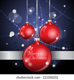 New Year Theme. Card with New Year's red spheres, silver ribbon and confetti on blue Background. Grouped for easy editing. Perfect for invitations or announcements.
