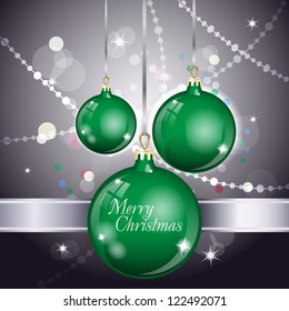 New Year Theme. Card with New Year's green spheres, silver ribbon and confetti on dark Background. Grouped for easy editing. Perfect for invitations or announcements.