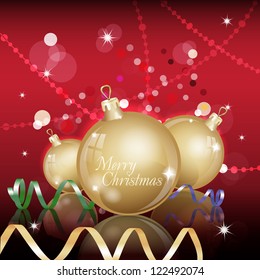 New Year Theme. Card with New Year's gold spheres, serpentine and confetti on red Background. Grouped for easy editing. Perfect for invitations or announcements.