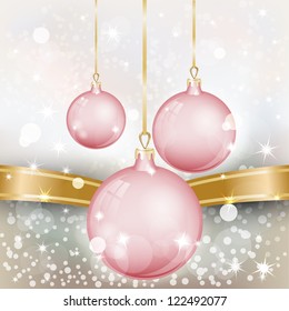 New Year Theme. Card with New Year's pink spheres, gold ribbon and confetti on light Background. Grouped for easy editing. Perfect for invitations or announcements.
