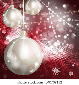 New Year Theme. Card with New Year's spheres, serpentine and confetti on red Background. Grouped for easy editing. Perfect for invitations or announcements.