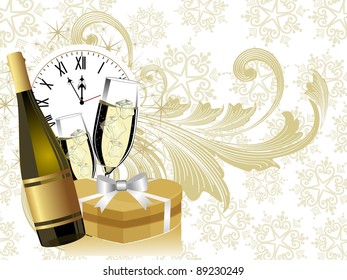 New year theme with champagne bottle & glass having gift box & clock on light golden floral background for Christmas & other occasions.