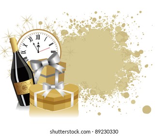 Neues Jahr Thema mit Champagnerflasche & Glas mit Geschenkbox & Uhr auf hellgoldenem Hintergrund für Weihnachten & andere Anlässe.