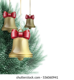 New Year Theme. Christmas card with three gold bells on white background. Grouped for easy editing. Perfect for invitations or announcements.
