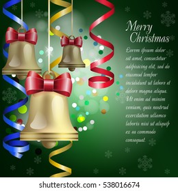 New Year Theme. Christmas card with three gold bells, serpentine and confetti on dark background. Grouped for easy editing. Perfect for invitations or announcements.