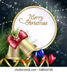 New Year Theme. Christmas card with frame and two gold bells, serpentine and confetti on dark background. Grouped for easy editing. Perfect for invitations or announcements.