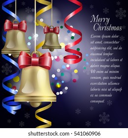 New Year Theme. Christmas card with three gold bells, serpentine and confetti on dark blue background. Grouped for easy editing. Perfect for invitations or announcements.
