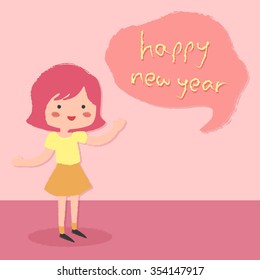 New year theme greeting card with a cute girl saying happy new year in bubble speech in pink background.