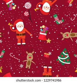 New year theme seamless pattern. Santa claus, deer and new year gift red background pattern