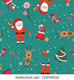 New year theme seamless pattern. Santa claus, deer and new year gift pattern