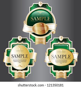 New Year Theme. Set of green ornate labels with Gold and White Tapes. Grouped for easy editing. Perfect for labels or stickers for wine, beer, champagne, cognac, cologne and etc.