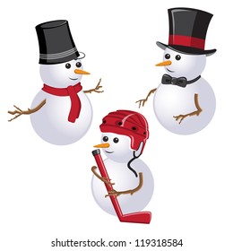 New Year Theme. Set of snowmen on White Background. Grouped for easy editing. Perfect for invitations or announcements.