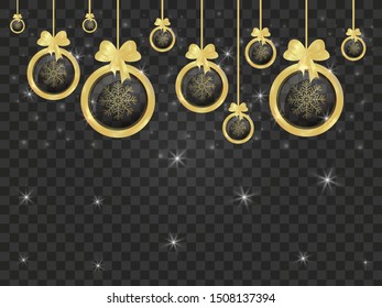 New year theme vector illustration with golden glass balls and snowflake decoration elements. isolated on transparent background. 