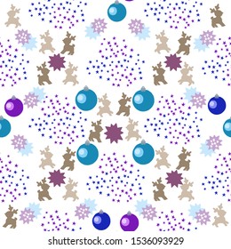 New Year theme vector pattern. Funny deer, balls, stars on a white background. Can be used for gift paper, wallpaper in the nursery and other holiday decoration.