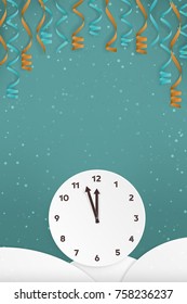 New Year themed Minimal Winter Landscape  Postcard Design, with Hills, Clock, Party Streamers and Snow: Vector Illustration
