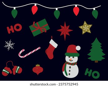 New Year themed vector set. Christmas. Christmas tree. Sock. Garland. Snowman. Mittens. Present