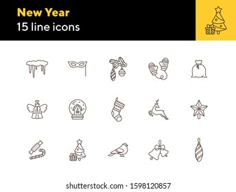 New Year thin line icon collection. Sweets, fir tree twig, icicles sign pack. Winter holidays concept. Vector illustration symbol elements for web design and apps