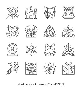 New Year thin line icon set. Christmas flat style linear symbol pack. Outline sign without fill. Editable stroke. Simple pictogram graphic collection. Web, print, card design. Vector isolated on white