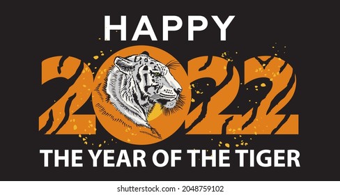 New Year of the Tiger, 2022. Tiger head silhouette drawing. Greeting card, poster, illustration for printing on T-shirts, textiles and souvenirs, tatty.