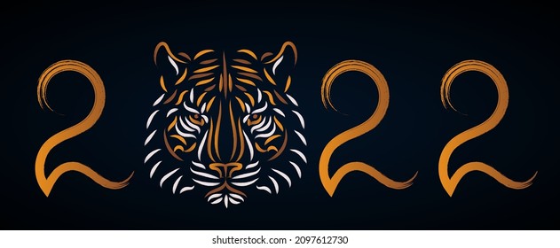 New Year of the Tiger, 2022. Tiger head silhouette drawing. Greeting card, poster, illustration for printing on T-shirts, textiles and souvenirs, tatty.
