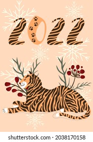Año Nuevo del Tigre 2022. Postal con tigre lindo dibujado a mano. Animales salvajes. Navidad y vacaciones de año nuevo. Ilustración vectorial.