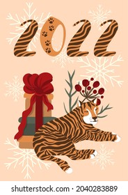 Neujahr des Tiger 2022. Postkarte mit süßem handgezogenen Tiger. Wildes Tier. Weihnachten und neue Feiertage. Vektorgrafik.