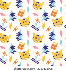 New Year of the Tiger 2022. Seamless vector pattern. Happy Holidays and Merry Christmas. Simple childish design in flat style
