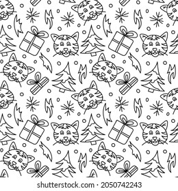 New Year of the Tiger 2022 Seamless vector pattern in doodle style. Festive illustration for packaging, paper, postcards. Merry Christmas!
