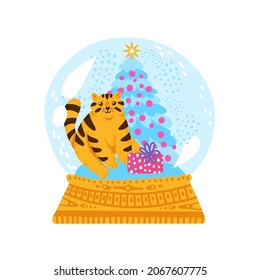 New year tiger inside adorable glass snowball with Christmas tree and presents