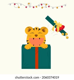 New Year tiger vector stock illustration. Christmas, gifts, garlands, lights. A holiday card. Winter 2022, December.