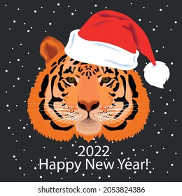 New year tiger wearing santa claus hat and letters 2022 isolated. Fashion sticker. Vector illustration. The symbol of the Chinese year. Holiday, Christmas card