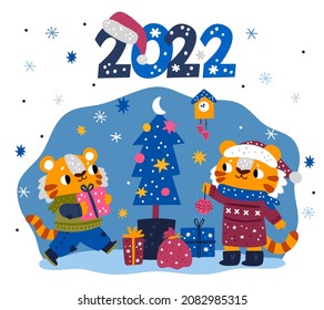 New year tigers 2022. Cute animals in winter cozy clothes, holiday symbol characters, funny predators decorate Christmas tree, card or poster, vector cartoon flat