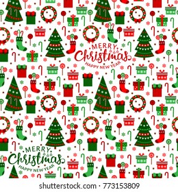 New Year Tile Pattern. Merry Christmas Flat Design Vector Illustration. Seamless Background. Hand draw lettering,